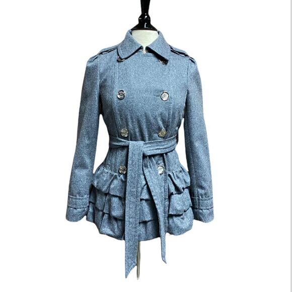 Express Gray Wool Double Breasted Ruffled Belted PeaCoat Size XS NWT - Picture 1 of 7